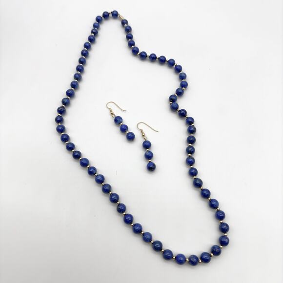 Lapis Lazuli Beaded Necklace Earring Set w 14K Gold Spacer Beads and Clasp ~58g - Picture 8 of 12